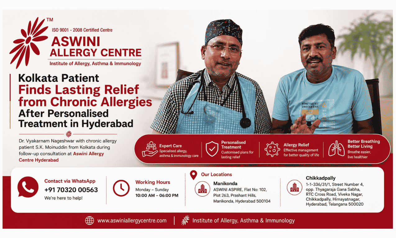 After suffering from chronic allergies for 13 years, a Kolkata businessman found lasting relief through allergy testing, trigger identification and personalised treatment at Aswini Allergy Centre, Hyderabad.
